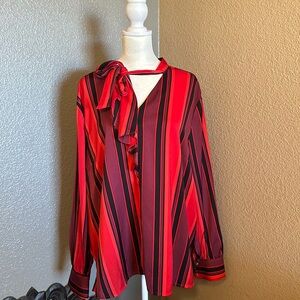 NWT - Liz Claiborne red black strip blouse tie neck ruffle size XXL